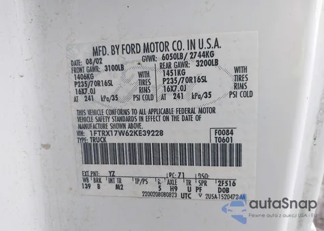 2002 Ford F150 из США, поврежденный, VIN 1FTRX17W62KE39228